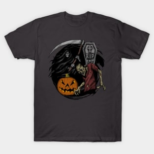 Scary pumpkin zombie Halloween grim reaper Trick or treat T-Shirt